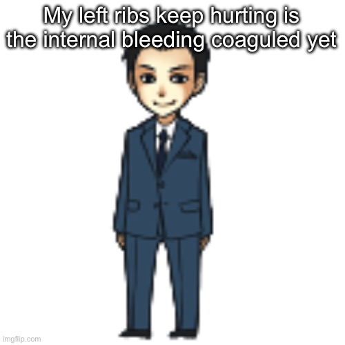 Moriarty but a shimeji | My left ribs keep hurting is the internal bleeding coaguled yet | image tagged in moriarty but a shimeji | made w/ Imgflip meme maker