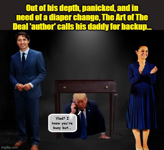 The King of Tariffs wets himself and spirals out of control ... | Out of his depth, panicked, and in need of a diaper change, The Art of The Deal 'author' calls his daddy for backup... Vlad? I know you're busy but.. | image tagged in donald trump you're fired,donald trump is an idiot,donald trump memes,tariffs,canada,mexico | made w/ Imgflip meme maker