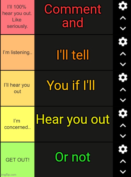 This one is actually genuine hear me outs now, not jokes | Comment and; I'll tell; You if I'll; Hear you out; Or not | image tagged in hear me out tier list | made w/ Imgflip meme maker