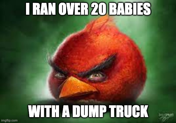 Realistic Red Angry Birds | I RAN OVER 20 BABIES; WITH A DUMP TRUCK | image tagged in realistic red angry birds | made w/ Imgflip meme maker