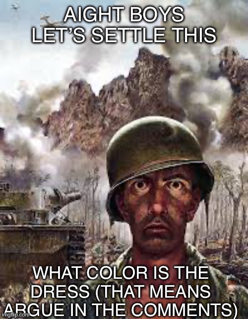 yes. beautiful war. | AIGHT BOYS LET’S SETTLE THIS; WHAT COLOR IS THE DRESS (THAT MEANS ARGUE IN THE COMMENTS) | image tagged in thousand yard stare | made w/ Imgflip meme maker