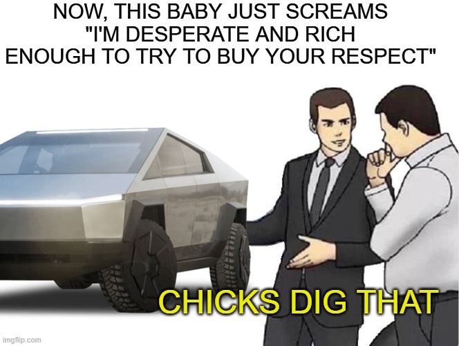 Sad car sales pitch to support world's wealthiest scumbag | NOW, THIS BABY JUST SCREAMS "I'M DESPERATE AND RICH ENOUGH TO TRY TO BUY YOUR RESPECT"; CHICKS DIG THAT | image tagged in car salesman slaps hood,tesla,desperate | made w/ Imgflip meme maker