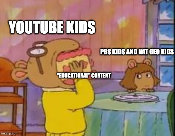 arthur eating cake | YOUTUBE KIDS; PBS KIDS AND NAT GEO KIDS; "EDUCATIONAL" CONTENT | image tagged in arthur eating cake,memes,relatable,pbs kids,brainrot,arthur | made w/ Imgflip meme maker