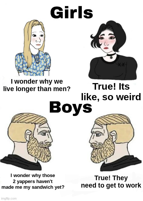 Girls vs Boys | I wonder why we live longer than men? True! Its like, so weird I wonder why those 2 yappers haven't made me my sandwich yet? True! They need | image tagged in girls vs boys | made w/ Imgflip meme maker