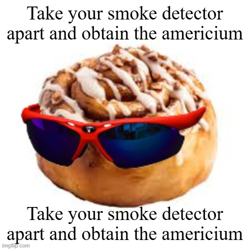 Take your smoke detector apart and obtain the americium | Take your smoke detector apart and obtain the americium; Take your smoke detector apart and obtain the americium | image tagged in cool ass cinnamon bun,take your smoke detector apart and obtain the americium | made w/ Imgflip meme maker