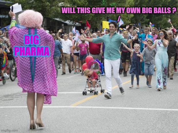 Justin Trudeau Pride | WILL THIS GIVE ME MY OWN BIG BALLS ?
/ BIG
PHARMA | image tagged in justin trudeau pride | made w/ Imgflip meme maker