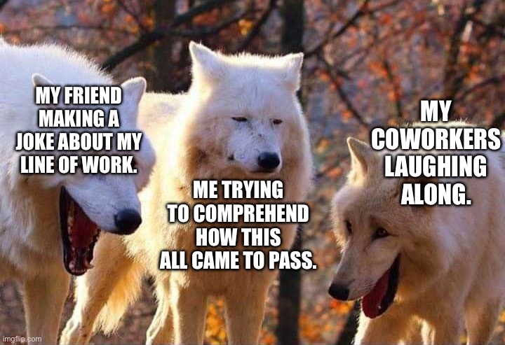 Laughing wolf | MY FRIEND MAKING A JOKE ABOUT MY LINE OF WORK. MY COWORKERS LAUGHING ALONG. ME TRYING TO COMPREHEND HOW THIS ALL CAME TO PASS. | image tagged in laughing wolf | made w/ Imgflip meme maker