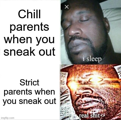 Sneaking out be like | Chill parents when you sneak out; Strict parents when you sneak out | image tagged in memes,sleeping shaq,parenting | made w/ Imgflip meme maker