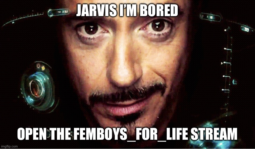 Jarvis | JARVIS I’M BORED; OPEN THE FEMBOYS_FOR_LIFE STREAM | image tagged in jarvis | made w/ Imgflip meme maker