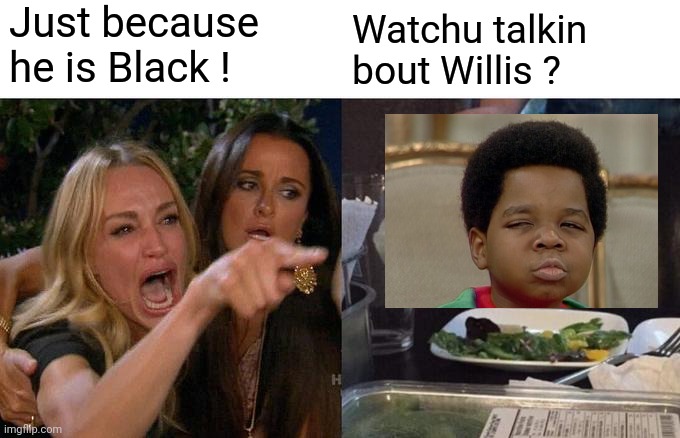 Woman Yelling At Cat Meme | Just because he is Black ! Watchu talkin bout Willis ? | image tagged in memes,woman yelling at cat | made w/ Imgflip meme maker