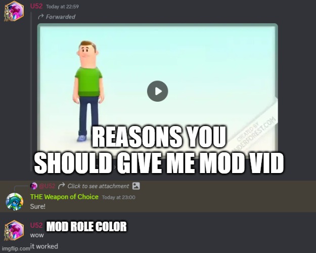 Ts shit fucking hilarious | REASONS YOU SHOULD GIVE ME MOD VID; MOD ROLE COLOR | made w/ Imgflip meme maker