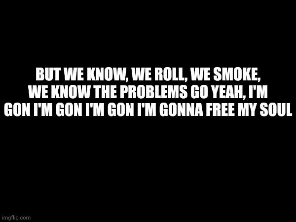 No context. | BUT WE KNOW, WE ROLL, WE SMOKE, WE KNOW THE PROBLEMS GO YEAH, I'M GON I'M GON I'M GON I'M GONNA FREE MY SOUL | made w/ Imgflip meme maker