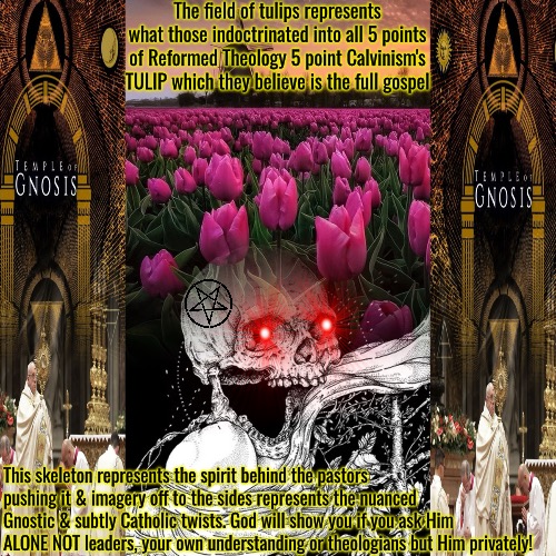Geniusly Twisted Doctrines | The field of tulips represents what those indoctrinated into all 5 points of Reformed Theology 5 point Calvinism's TULIP which they believe is the full gospel; This skeleton represents the spirit behind the pastors pushing it & imagery off to the sides represents the nuanced Gnostic & subtly Catholic twists. God will show you if you ask Him ALONE NOT leaders, your own understanding or theologians but Him privately! | image tagged in calvinism,calvinist memes,arminian,molinism,reformed theology 5 point pastors,ai puppet gnostic catholic | made w/ Imgflip meme maker