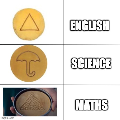 the dalgona of the school subjects | ENGLISH; SCIENCE; MATHS | image tagged in dalgona,squid game | made w/ Imgflip meme maker