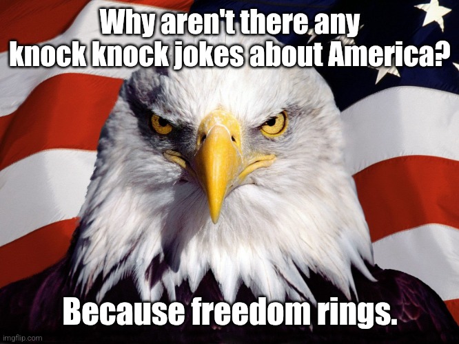 Freedom Eagle | Why aren't there any knock knock jokes about America? Because freedom rings. | image tagged in freedom eagle | made w/ Imgflip meme maker