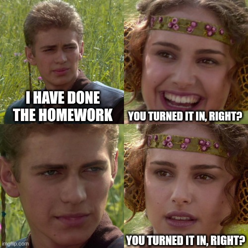 right? | I HAVE DONE THE HOMEWORK; YOU TURNED IT IN, RIGHT? YOU TURNED IT IN, RIGHT? | image tagged in anakin padme 4 panel | made w/ Imgflip meme maker