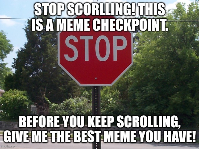 hey guys, it's been a while ;) | STOP SCORLLING! THIS IS A MEME CHECKPOINT. BEFORE YOU KEEP SCROLLING, GIVE ME THE BEST MEME YOU HAVE! | image tagged in stop sign,memes | made w/ Imgflip meme maker