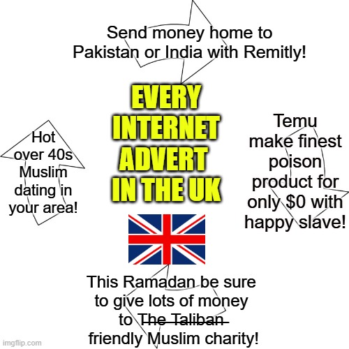 Especially on Youtube | Send money home to Pakistan or India with Remitly! EVERY INTERNET ADVERT 
IN THE UK; Temu make finest poison product for only $0 with happy slave! Hot over 40s Muslim dating in your area! This Ramadan be sure to give lots of money to T̶h̶e̶ ̶T̶a̶l̶i̶b̶a̶n̶  friendly Muslim charity! | image tagged in vicious cycle | made w/ Imgflip meme maker