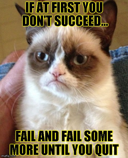 Grumpy Cat Meme | IF AT FIRST YOU DON'T SUCCEED... FAIL AND FAIL SOME MORE UNTIL YOU QUIT | image tagged in memes,grumpy cat | made w/ Imgflip meme maker