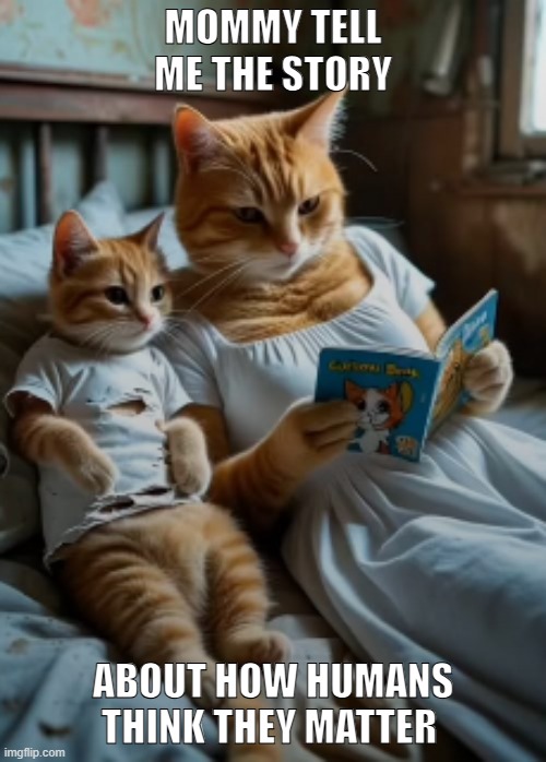 Story time | MOMMY TELL ME THE STORY; ABOUT HOW HUMANS THINK THEY MATTER | image tagged in cats,funny cats,funny cat memes,cat memes,kitten story time | made w/ Imgflip meme maker