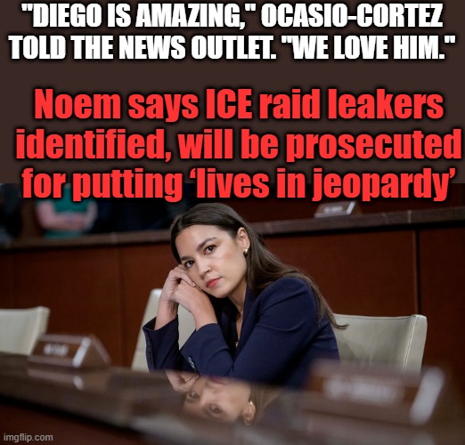 Noem needs to look hard at this 1.Shes already admited to hiring illegals & teaching them to avoid deportationNO 1's ABOVEtheLAW | "DIEGO IS AMAZING," OCASIO-CORTEZ TOLD THE NEWS OUTLET. "WE LOVE HIM."; Noem says ICE raid leakers identified, will be prosecuted for putting ‘lives in jeopardy’ | made w/ Imgflip meme maker