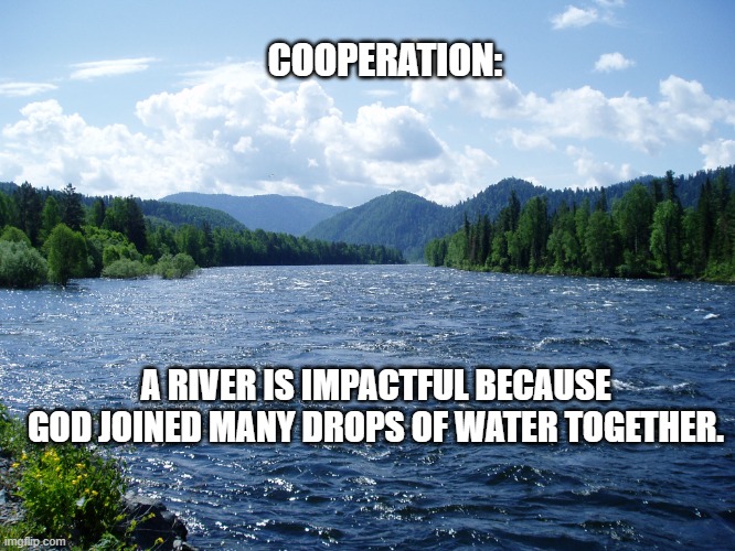 Cooperation | COOPERATION:; A RIVER IS IMPACTFUL BECAUSE GOD JOINED MANY DROPS OF WATER TOGETHER. | image tagged in river,together,making an impact | made w/ Imgflip meme maker