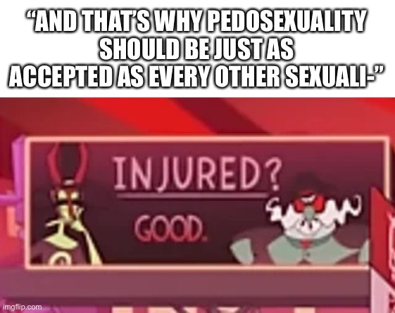 Fuck you pedos | “AND THAT’S WHY PEDOSEXUALITY SHOULD BE JUST AS ACCEPTED AS EVERY OTHER SEXUALI-” | image tagged in injured good,pedophilia,helluva boss,die bitch,this man was killed by piano | made w/ Imgflip meme maker