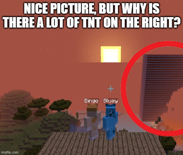 Think Bluey & Bingo are trying to crash Minecraft | NICE PICTURE, BUT WHY IS THERE A LOT OF TNT ON THE RIGHT? | image tagged in bluey bingo sunset scene | made w/ Imgflip meme maker