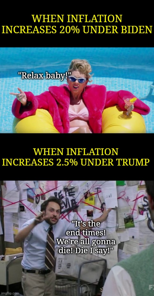 Is there really any point attempting to explain ANYTHING to Democrats? Trump Derangement Syndrome is just too strong | WHEN INFLATION INCREASES 20% UNDER BIDEN; "Relax baby!"; WHEN INFLATION INCREASES 2.5% UNDER TRUMP; "It's the end times! We're all gonna die! Die I say!" | image tagged in liberal logic,fake news,liberal hypocrisy,coincidence i think not,inflation,democratic party | made w/ Imgflip meme maker