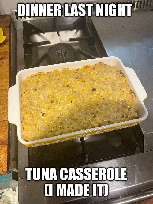 DINNER LAST NIGHT; TUNA CASSEROLE (I MADE IT) | made w/ Imgflip meme maker