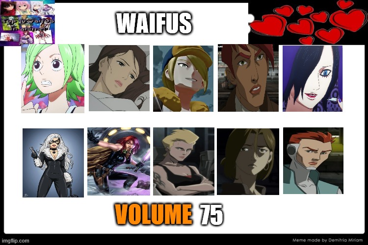 waifus volume 75 | 75 | image tagged in waifus volume meme,top 10 waifus,dead space,one piece,marvel,movies | made w/ Imgflip meme maker