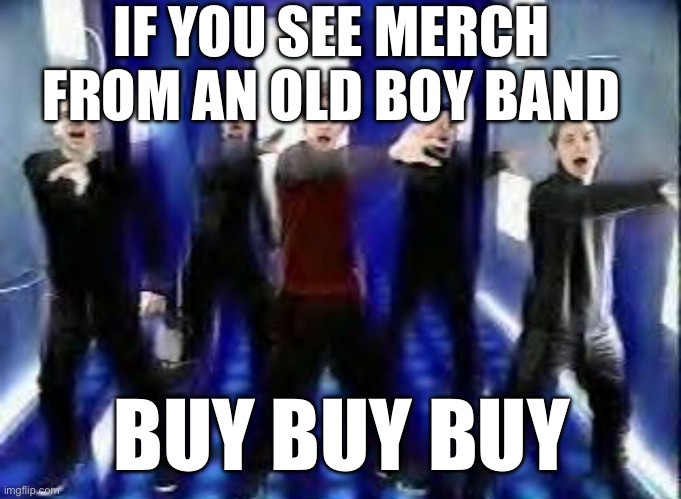 Bye Bye Bye | IF YOU SEE MERCH FROM AN OLD BOY BAND; BUY BUY BUY | image tagged in bye bye bye | made w/ Imgflip meme maker