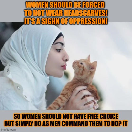 This #lolcat wonders why men should command women | WOMEN SHOULD BE FORCED 
TO NOT WEAR HEADSCARVES!
IT'S A SIGHN OF OPPRESSION! SO WOMEN SHOULD NOT HAVE FREE CHOICE BUT SIMPLY DO AS MEN COMMAND THEM TO DO? IT | image tagged in women's rights,patriarchy,head scarf,muslims,lolcat | made w/ Imgflip meme maker