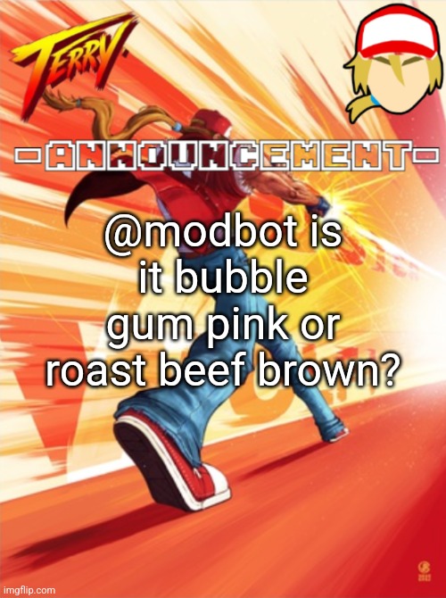 Terry Bogard temp (better) | @modbot is it bubble gum pink or roast beef brown? | image tagged in terry bogard temp better | made w/ Imgflip meme maker