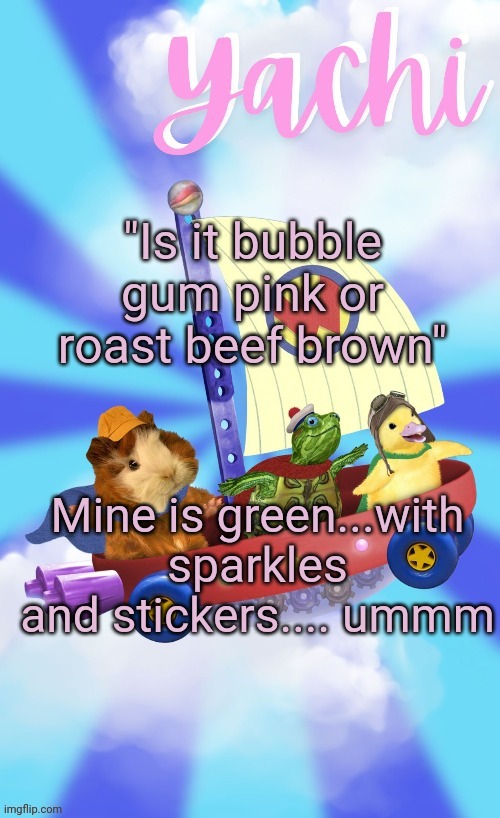 Yachis wonder pet temp (thank you Disco) | "Is it bubble gum pink or roast beef brown"; Mine is green...with sparkles and stickers.... ummm | image tagged in yachis wonder pet temp thank you disco | made w/ Imgflip meme maker