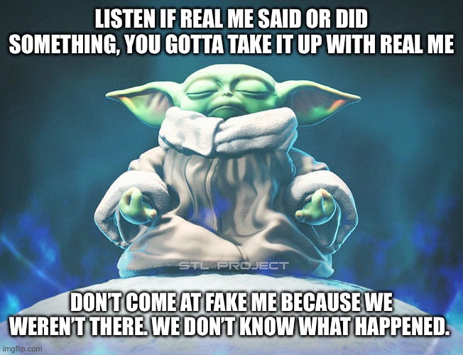 Real me fake me. | LISTEN IF REAL ME SAID OR DID SOMETHING, YOU GOTTA TAKE IT UP WITH REAL ME; DON’T COME AT FAKE ME BECAUSE WE WEREN’T THERE. WE DON’T KNOW WHAT HAPPENED. | image tagged in drunk,fake | made w/ Imgflip meme maker