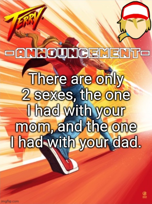 Terry Bogard temp (better) | There are only 2 sexes, the one I had with your mom, and the one I had with your dad. | image tagged in terry bogard temp better | made w/ Imgflip meme maker