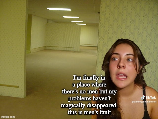 the misandrists will always be miserable | I'm finally in a place where there's no men but my problems haven't magically disappeared. this is men's fault | image tagged in the backrooms | made w/ Imgflip meme maker