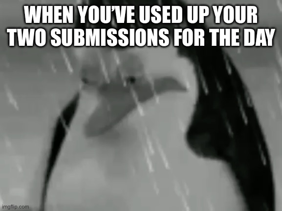 Only two is kinda silly. Why can’t I submit more memes? | WHEN YOU’VE USED UP YOUR TWO SUBMISSIONS FOR THE DAY | image tagged in sadge,memes,sad,fun stream | made w/ Imgflip meme maker