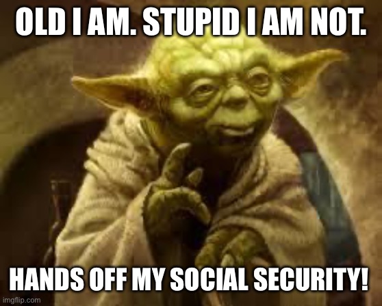 yoda | OLD I AM. STUPID I AM NOT. HANDS OFF MY SOCIAL SECURITY! | image tagged in yoda | made w/ Imgflip meme maker