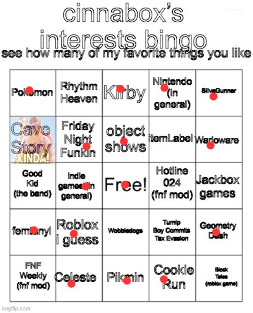 cinnabox’s interests bingo | image tagged in cinnabox s interests bingo | made w/ Imgflip meme maker