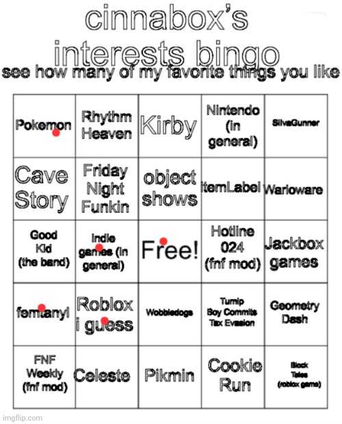 no bingo :(((((((( | image tagged in cinnabox s interests bingo | made w/ Imgflip meme maker