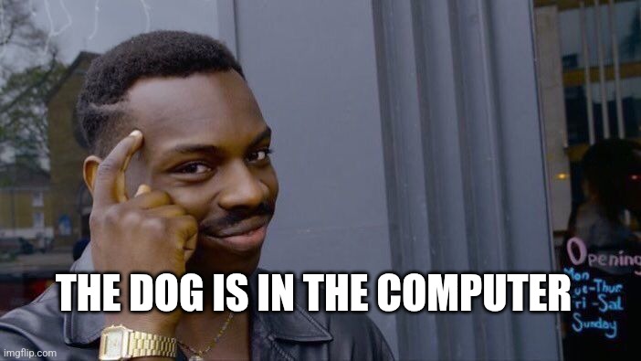 Roll Safe Think About It Meme | THE DOG IS IN THE COMPUTER | image tagged in memes,roll safe think about it | made w/ Imgflip meme maker