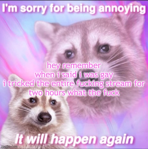 sorry for being annoying | hey remember when i said i was gay

i tricked the entire fucking stream for two hours what the fuck | image tagged in sorry for being annoying | made w/ Imgflip meme maker