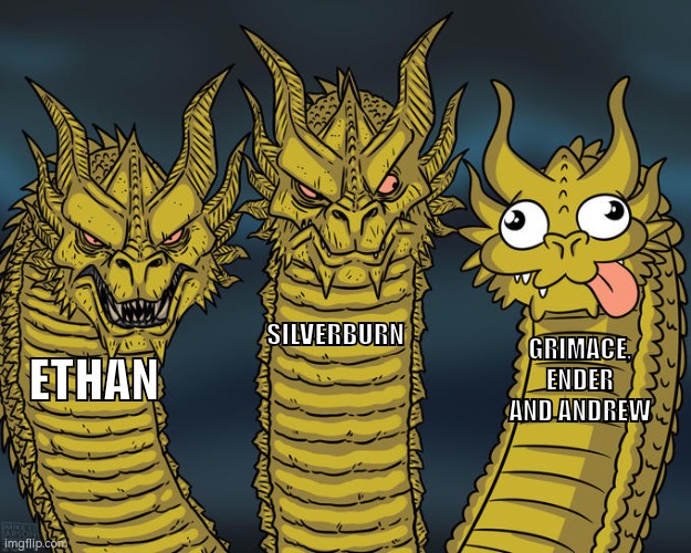 Three-headed Dragon | SILVERBURN; GRIMACE, ENDER AND ANDREW; ETHAN | image tagged in three-headed dragon | made w/ Imgflip meme maker