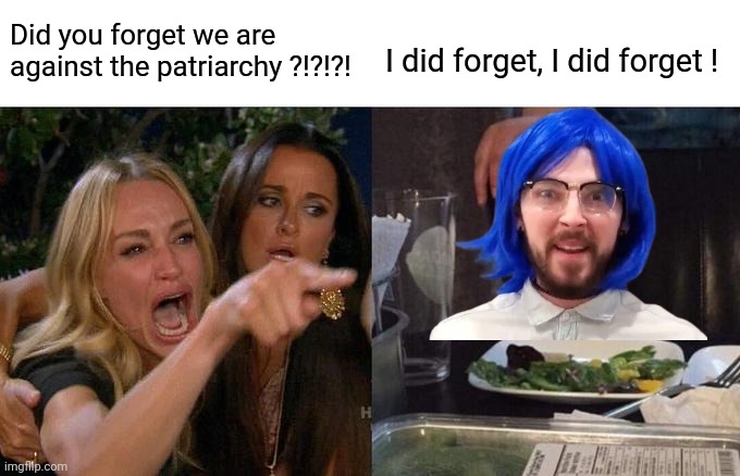 Woman Yelling At Cat Meme | Did you forget we are against the patriarchy ?!?!?! I did forget, I did forget ! | image tagged in memes,woman yelling at cat | made w/ Imgflip meme maker