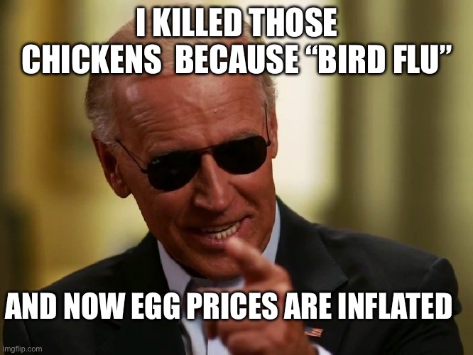 Eggflation | I KILLED THOSE CHICKENS  BECAUSE “BIRD FLU”; AND NOW EGG PRICES ARE INFLATED | image tagged in cool joe biden,eggs,inflation,politics,political meme | made w/ Imgflip meme maker