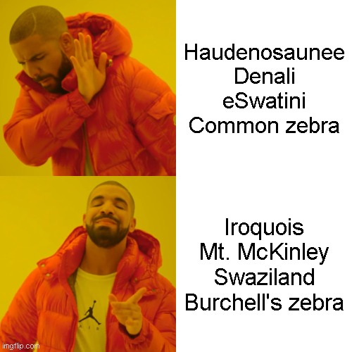 What's next? Are we going to have to call Japan Nippon under pain of arrest? | Haudenosaunee
Denali
eSwatini
Common zebra; Iroquois
Mt. McKinley
Swaziland
Burchell's zebra | image tagged in memes,drake hotline bling | made w/ Imgflip meme maker