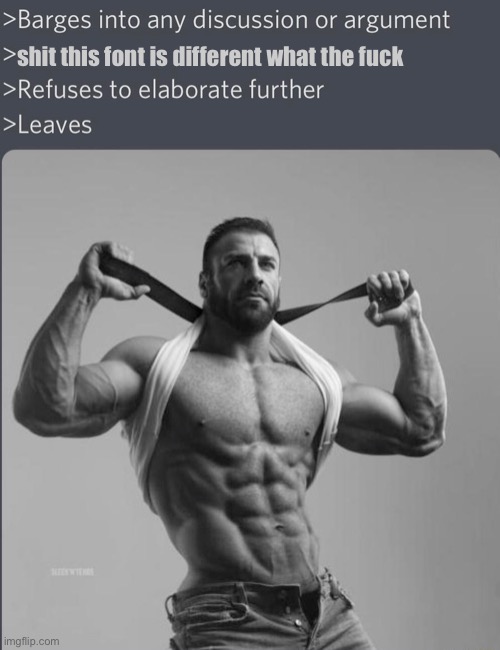 Chad barges into discussion (with correct font) | shit this font is different what the fuck | image tagged in chad barges into discussion with correct font | made w/ Imgflip meme maker