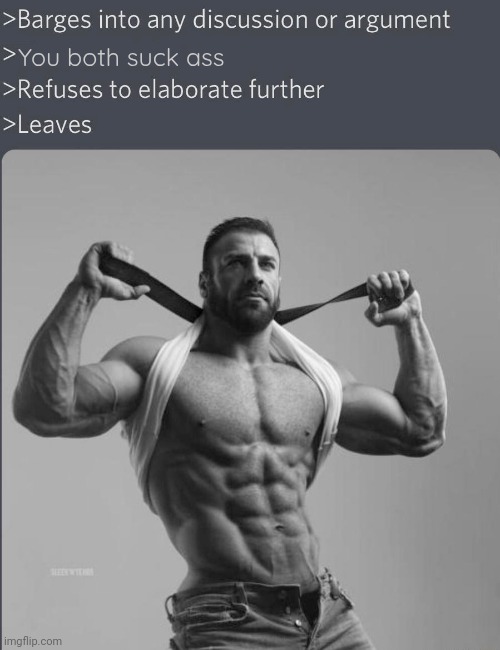 Chad barges into discussion (with correct font) | You both suck ass | image tagged in chad barges into discussion with correct font,msmg,memes | made w/ Imgflip meme maker